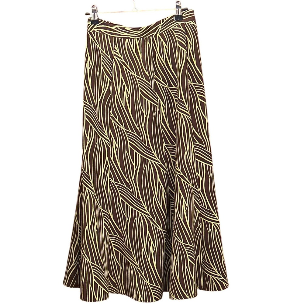 90s N Touch Abstract Print Midi Skirt Earthy Boho Retro Graphic Brown Chartreuse